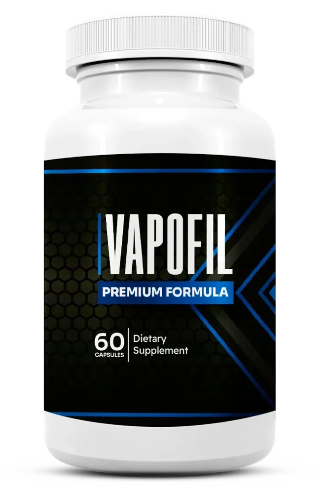A white Vapofil bottle with a white cap and a black label reading VAPOFIL PREMIUM FORMULA, 60 capsules, Dietary Supplement