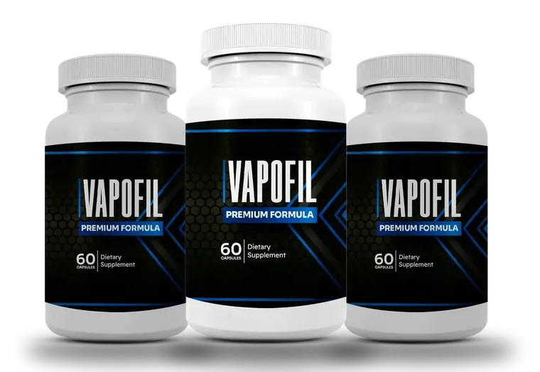 Three Vapofil bottles with black and blue labels