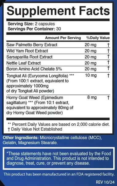 The Vapofil Supplement Facts panel: 2 capsules per serving, 30 servings; saw palmetto, wild yam, sarsaparilla, nettle leaf and boron amino acid chelate 5% at 20 mg each, tongkat ali 10 mg from a 100:1 extract and horny goat weed 8 mg from a 10:1 extract