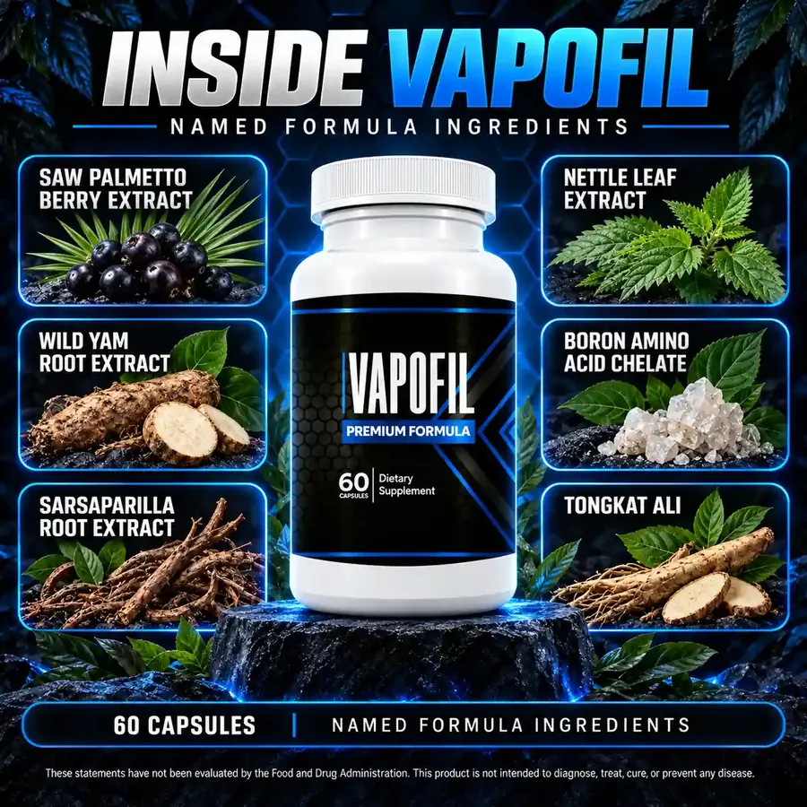 Brand graphic titled Inside Vapofil showing a bottle on a dark stone, surrounded by tiles for saw palmetto berry, nettle leaf, wild yam root, boron amino acid chelate, sarsaparilla root and tongkat ali
