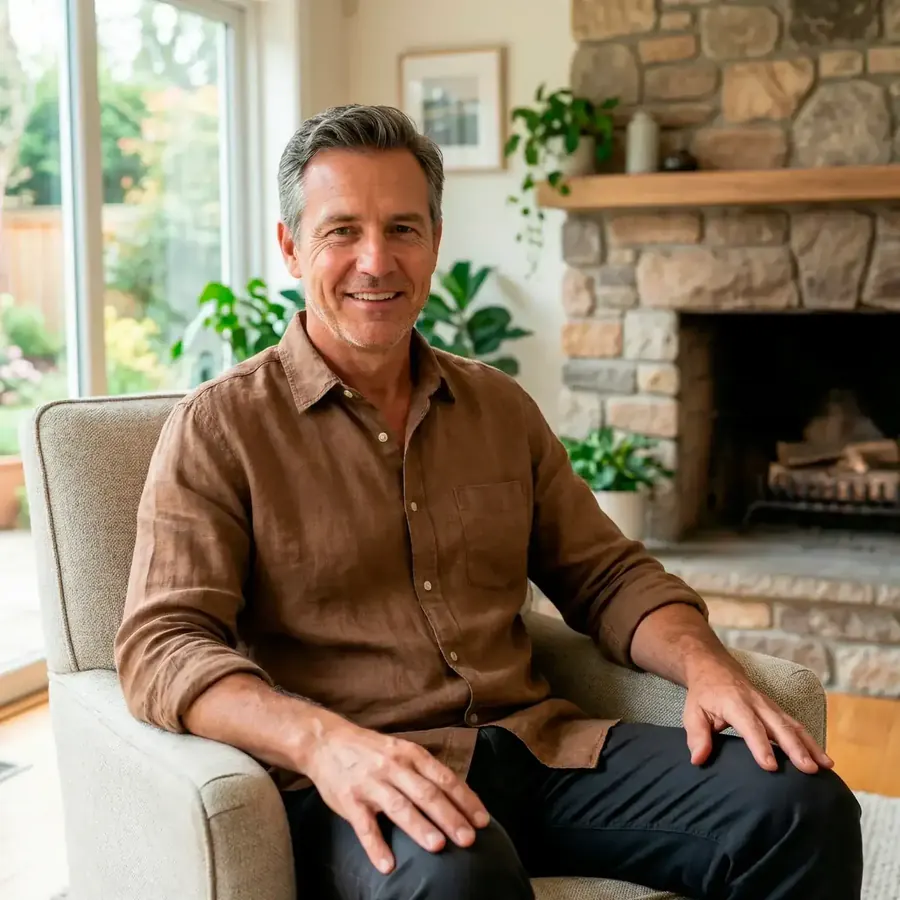 A relaxed middle-aged man in a brown shirt sitting in an armchair by a stone fireplace, smiling at the camera