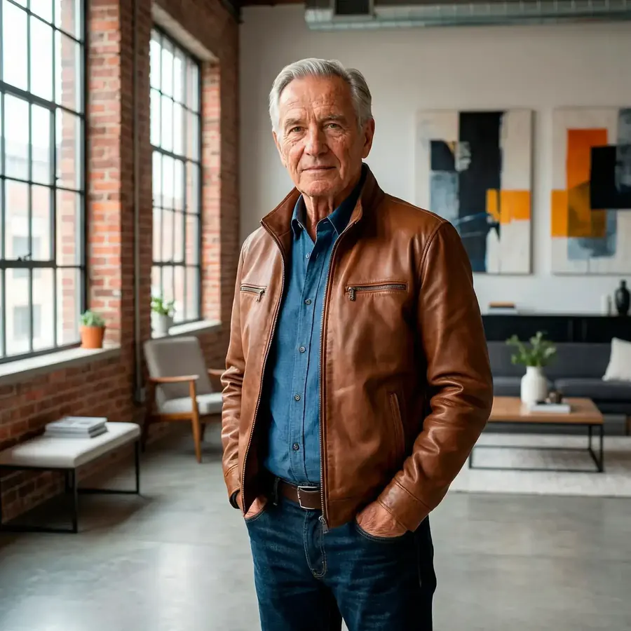 A silver-haired man in a brown leather jacket and jeans standing in a bright loft apartment
