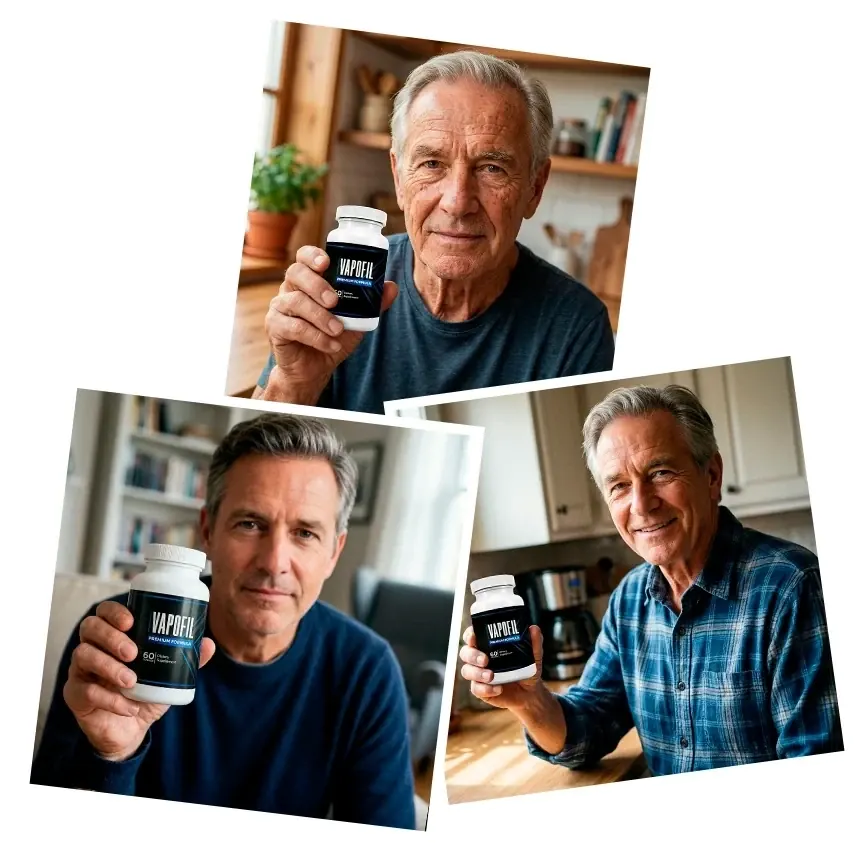 A smiling man holding up a white Vapofil bottle in a casual snapshot-style photo