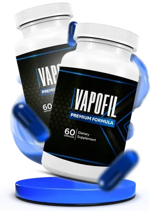 Two white Vapofil bottles with black and blue labels on a glowing blue stand, with blue capsules floating around them