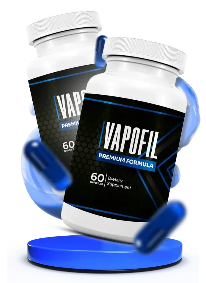 Two white Vapofil bottles on a glowing blue round stand with blue capsules floating around them