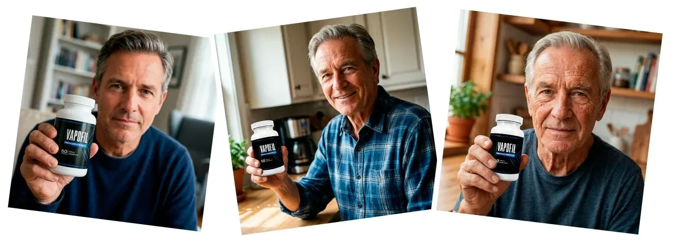 Three snapshot-style photos of smiling older men, each holding a Vapofil bottle toward the camera at home