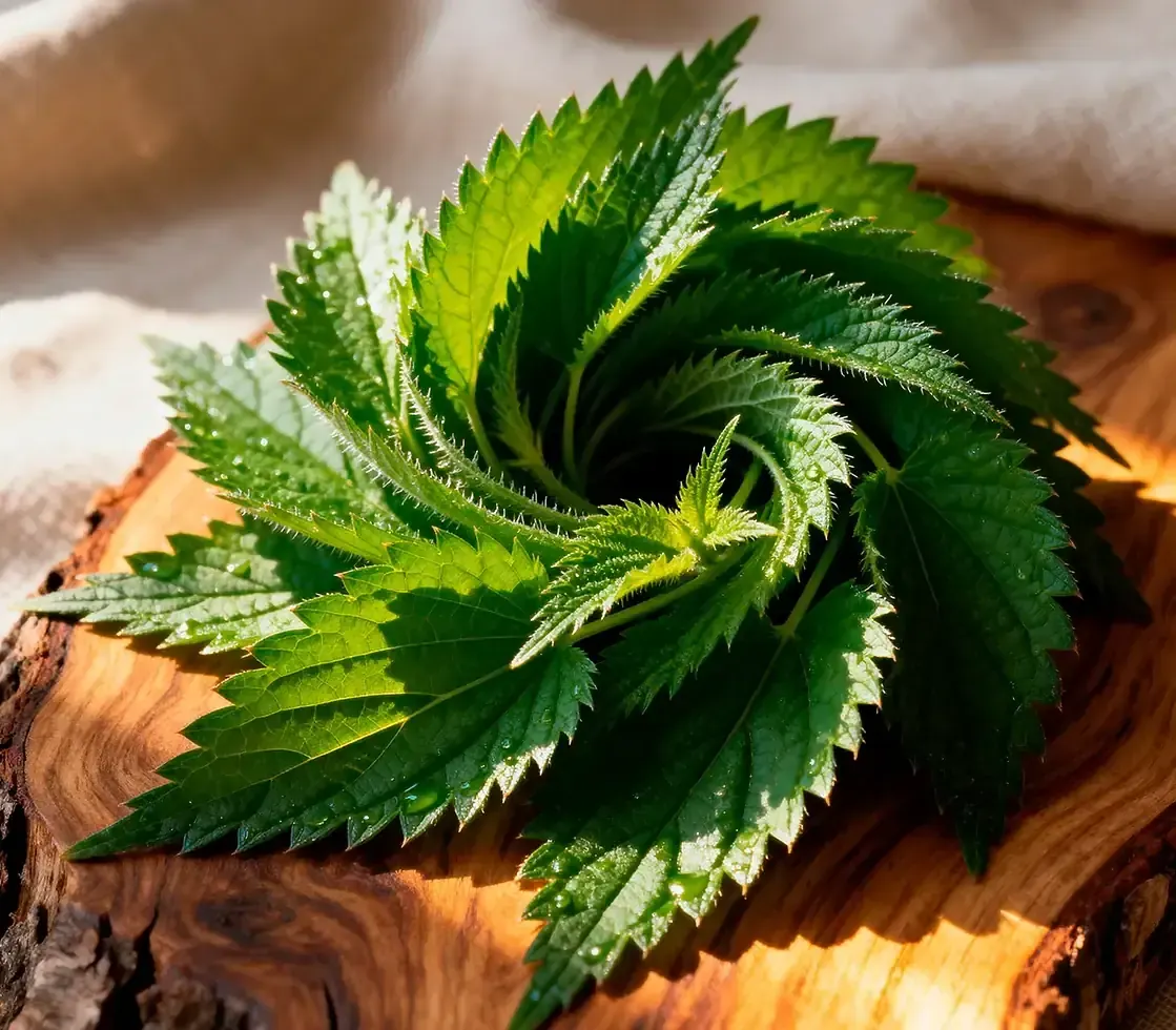 A rosette of serrated green stinging nettle leaves on a cut wooden stump