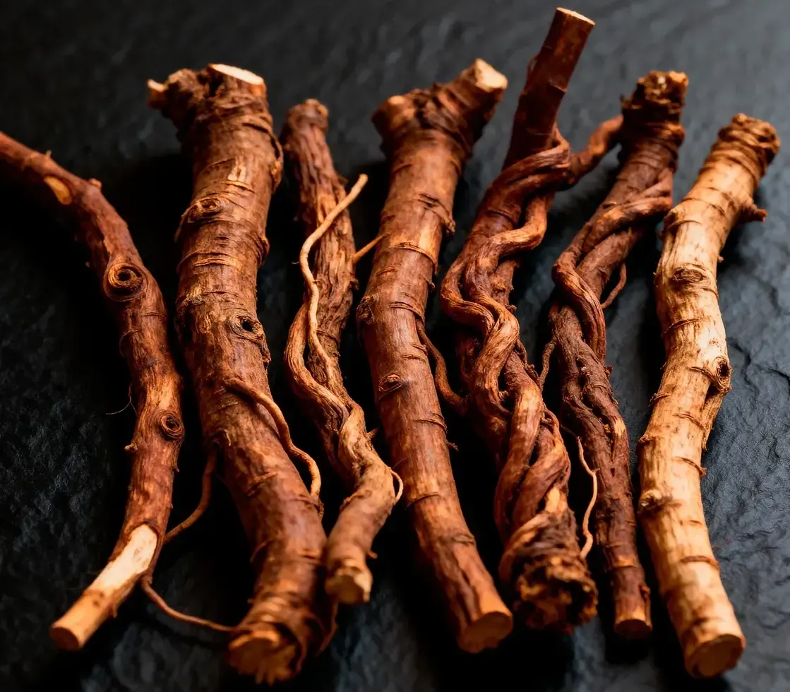 Long, twisted reddish-brown dried roots laid side by side on dark slate