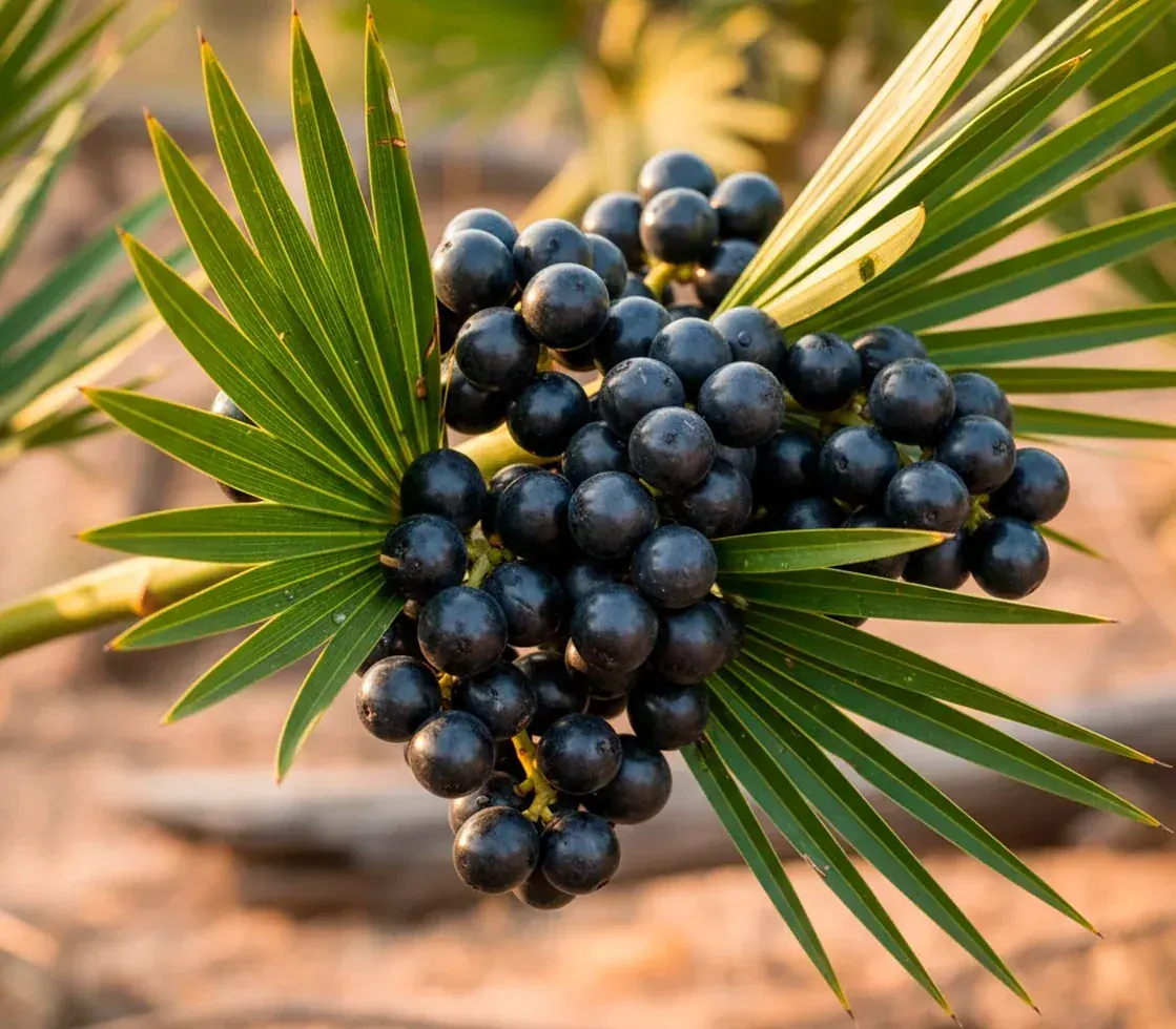 A cluster of dark blue-black saw palmetto berries among spiky green palm fronds